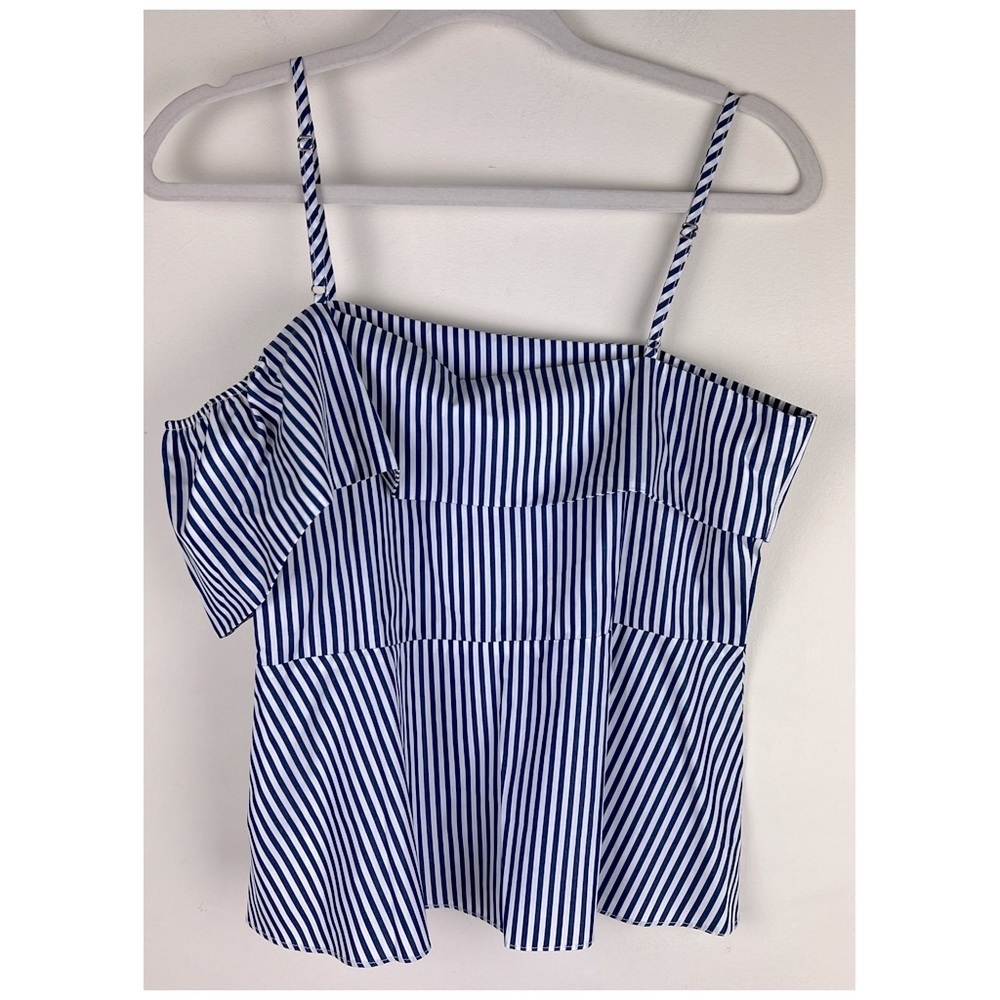Harshman Sleeveless Ruffle Maia Blouse Top Nautical Coastal Navy White Stripe XS - Picture 6 of 14